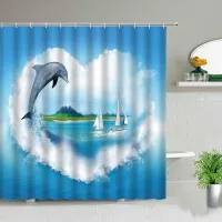 Sunny Sea Animal Dolphin ชุดม่านอาบน้ำปลาเขตร้อนพิมพ์ห้องน้ำกันน้ำตกแต่งตะขอแขวนผ้าม่าน 180 * 180 ซม