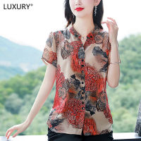 LUXURY Queen 2023 Summer New Short Sleeve Top Womens Fashion Covering Belly Print Moms Large Chiffon Womens Wear  Blouse