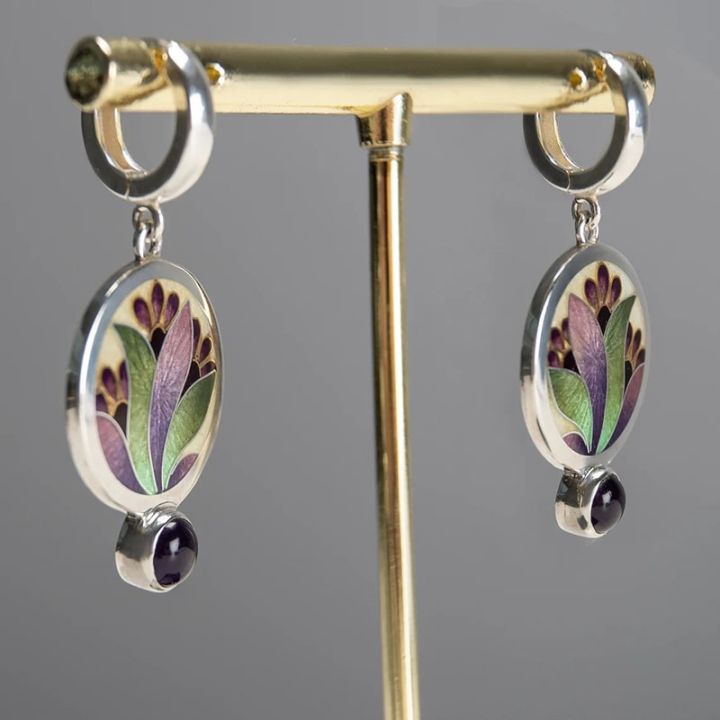 new-trendy-colorful-flower-pattern-drop-earrings-ladies-creative-jewelry-round-metal-purple-stone-statement-earrings-gift