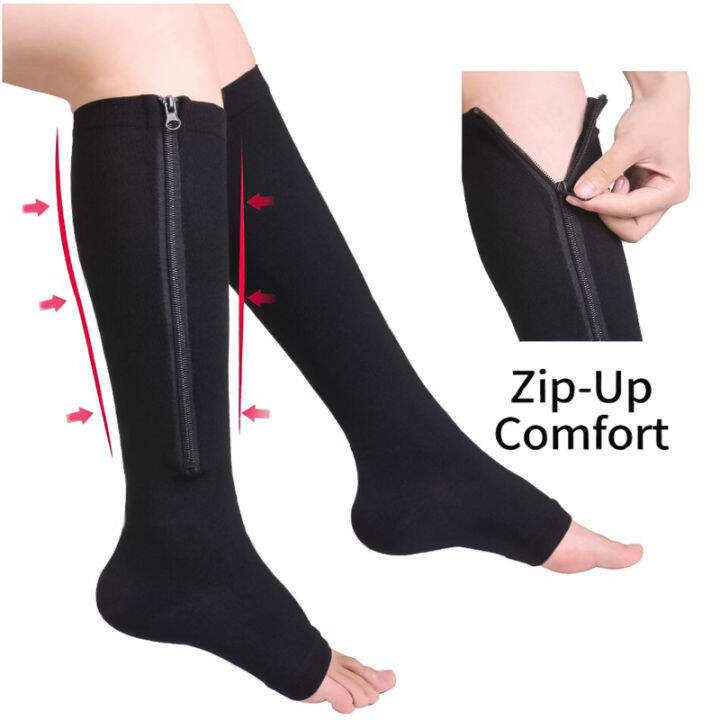 1 Pair Zipper Compression Socks Knee High Toeless Medical Compression