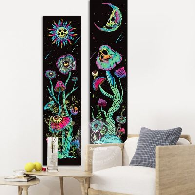 Blacklight Sun and Moon Tapestry Vertical Skull Mushroom Fantasy Floral Plant Black Galaxy Space Wall Hanging for Home Decor