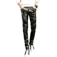 ใหม่ Dropshipping มาถึง Biker Skinny Men Gothic Punk แฟชั่นกางเกงหนัง PU หัวเข็มขัด Hip Hop ซิปหนังสีดำกางเกง