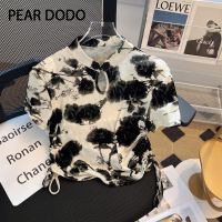 PEAR DODO เสื้อยืดสั้นแขนสั้นสำหรับผู้หญิงภาพวาดหมึกดอกไม้สไตล์จีน