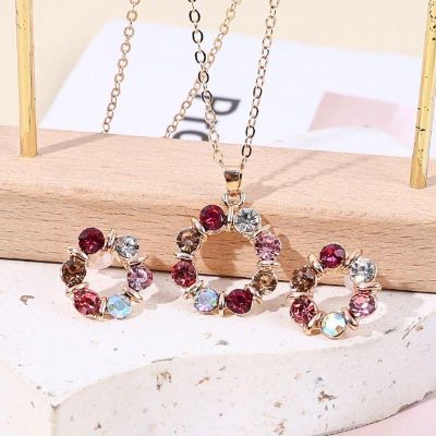 Korean Fashion Colorful Crystal Rhinestone Necklace Earrings Set for Women Round Color Stone Jewelry Set Accessories for Women