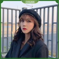 CHUAN สาว ผ้าขนสัตว์อบอุ่น หมวกฤดูหนาว ไข่มุก หมวกศิลปินฝรั่งเศส ปรับได้ ผู้หญิงหมวกเบเร่ต์