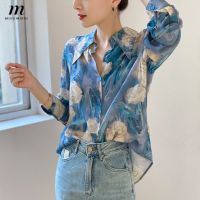 MISUMIXIU French Romantic Rose Print Pointed Neck Shirt Womens 2023 New Floral Loose Fit Long Sleeve Tops