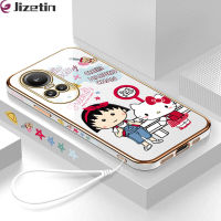 Jizetin สำหรับ OPPO Reno10โปร5กรัมฟรีสายคล้อง + การ์ตูน Chibi Maruko จันเฮลโหลคิตตี้เด็กผู้หญิงปลอกลวดลายขอบสี่เหลี่ยมชุบเคสโทรศัพท์เด็กหญิงเคสโทรศัพท์นิ่มเคลือบหรูหรา