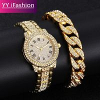 YY iFashion✈ﺴ┇2023 Luxury Brand Diamond Watch Set for Women Ladies Gold Watch Stainless Steel Strap Quartz Female Watch Women Gift Clock