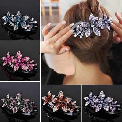 Womens fashion Rhinestone double flower flexible and durable womens dovetail clip crystal hairpin