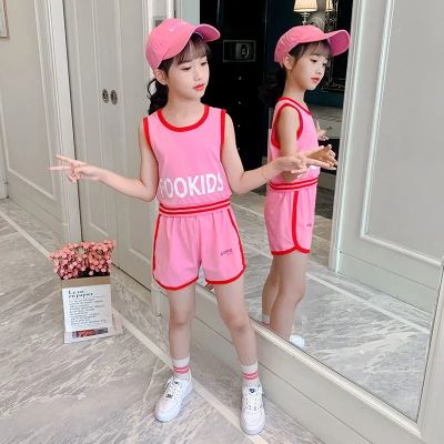แฟชั่นฉบับภาษาเกาหลีชุดเสื้อกล้ามกีฬาผ้าฝ้ายลำลองสำหรับเด็กผู้หญิง,ใหม่ฤดูร้อนชุดสีทึบกีฬาเด็กไซส์ใหญ่ขนาดกลางสำหรับเด็กเล็กอายุ3-14ปี