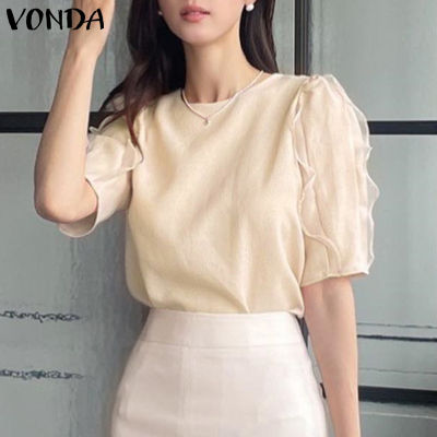 (จัดส่งฟรี)Fancystyle VONDA เสื้อผู้หญิงเสื้อยืดคอกลมลมอ่อนโยนมีระบายเสื้อแขนสั้นเนื้อสัมผัส