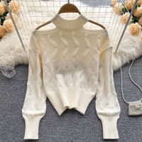 New Stylish Women Knitted Sweater 2021 Autumn Winter Fashion O-neck Cold Shoulder Long Sleeve Pullover Sweaters Female Jumpers