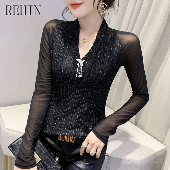 rehin-เสื้อยืดคอวีผู้หญิงแขนยาวคอวีอเนกประสงค์-เสื้อฉบับภาษาเกาหลีมาใหม่ล่าสุดฤดูใบไม้ร่วง2023