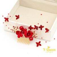 Bridal Hair Wear Faux Rhinestone Flower Insert Comb Hand-Made Beaded Wedding Accessories Hair Decoration Red Headdress