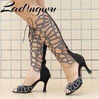 Ladingwu Women Dance Shoes Black Red White Suede Rhineston Dance Boots for Girls Soft Sole Salsa Dance shoes for Wedding Sandals