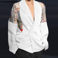 (Western ตาข่าย) INCERUN Mens Floral Sheer แขนยาว Coat Blazer ตาข่าย Fishnet แฟชั่น Party แจ็คเก็ต