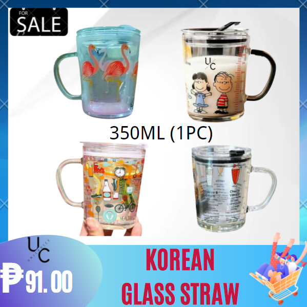 Random Design Glass Straw Drinking Mug with Handle and Clear Lid with  Straw, 350 ml