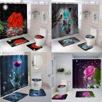 Rose Butterfly Flowers Waterproof Bathroom Shower Curtain Set Polyester Washable Bath Non-Slip Mat Rug Carpet Toilet Seat Cover