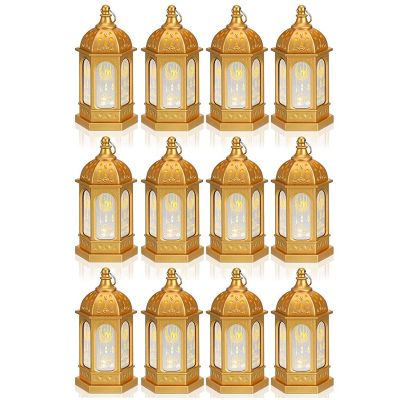 12Pcs Mini Ramadan Candle Mubarak Lantern LED Eid Mubarak Lantern Moon Star Lights Moroccan Style Hanging Lantern