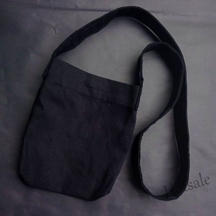 hot-sale-c16-hitam-mini-sling-bag-pocket-canvas-bag-plain-black-thick-canvas-fabric-sling-bag