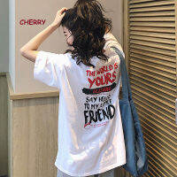 Cherry 2369เสื้อยืดโอเวอร์ไซส์ผู้หญิง เสื้อยืดแขนสั้น มีลายหน้า-หลัง （oversized T-shirt）เนื้อผ้าเด้งลื่น