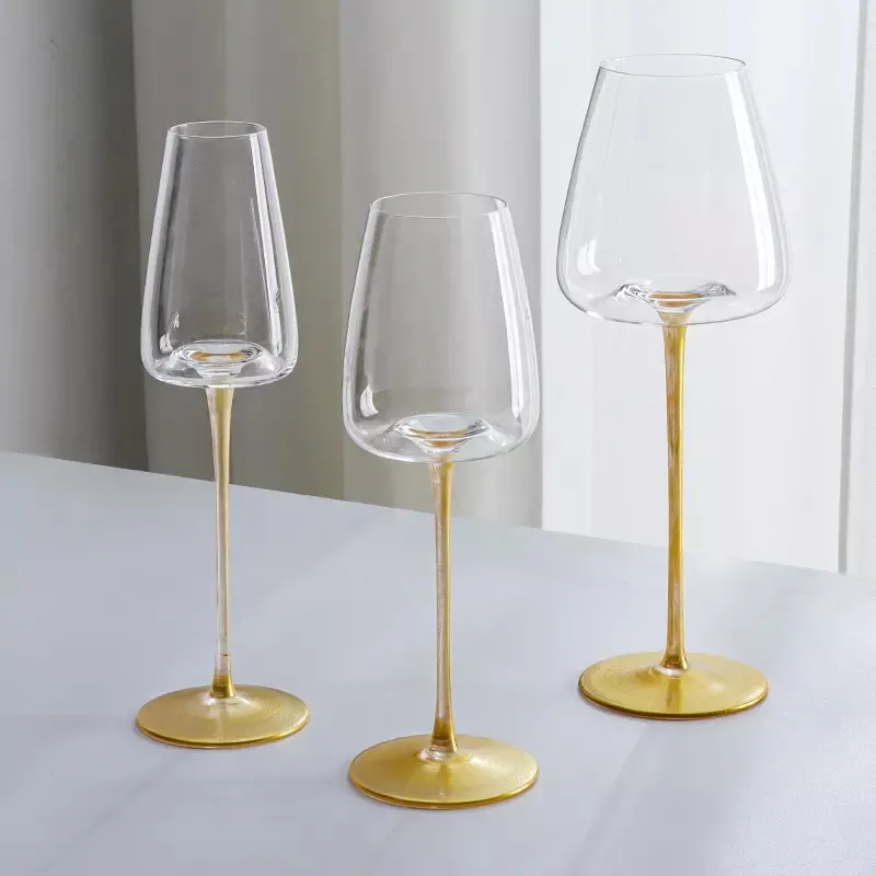 Transparent Crystal Red Wine Glasses Concave Bottom Gold Stem Goblet Bar  Banquet Bordeaux Glass Wedding Party Champagne Cup Gift