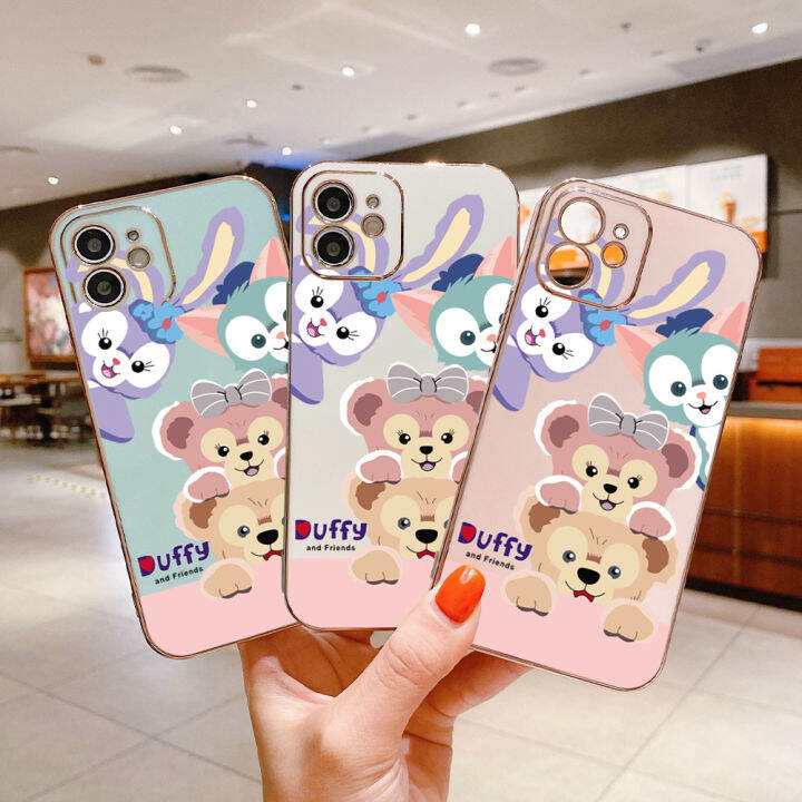 ggk-เคสสำหรับ-honor-90-5g-90-lite-5g-ฟรีสายคล้องการ์ตูน-duffy-stellalou-disny-เคสลายขอบสี่เหลี่ยมชุบเคสโทรศัพท์เคสโทรศัพท์นิ่มหรูหรา