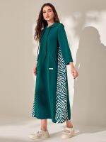 MINUTEAS Women Sweatshirts Zebra Striped Print Drop Shoulder Drawstring Hoodie Dress Sweatshirts (Color : Dark Green, Size : Large)