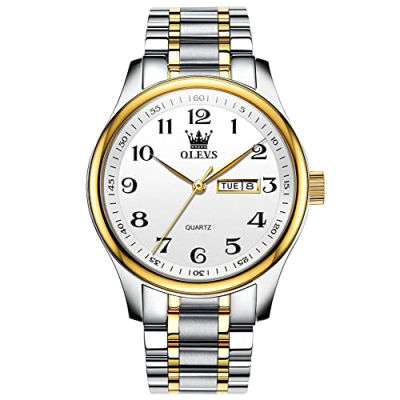 OLEVS Mens Casual Stainless Steel Watch, Big Face Easy to Read Analog Quartz Watch with Day and Date, Classic Waterproof Diamond Roman Arabic Numerals Dial Dress Watch for Men, Gold Silver Black Band Two-Tone/White 5567