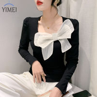 YIMEI เสื้อยืดผู้หญิงแขนยาวเข้ารูป,2023ใหม่เสื้อเชิ้ตผ้าฝ้ายสีดำเข้ารูปมีสไตล์เสื้อผูกโบว์สีตัดกัน