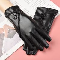 Winter Warmth Plus Velvet Short Thin Touch Screen Driving Women Leather Gloves Women Pu Imitation Leather Gloves