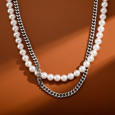 [COD] Internet celebrity 3-6MM encrypted Cuban chain with pearl simple and versatile light luxury necklace