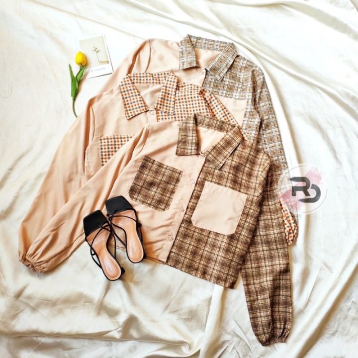 mika-crop-top-blouse-balloon-tartan-shirt-top-tartan-two-tone