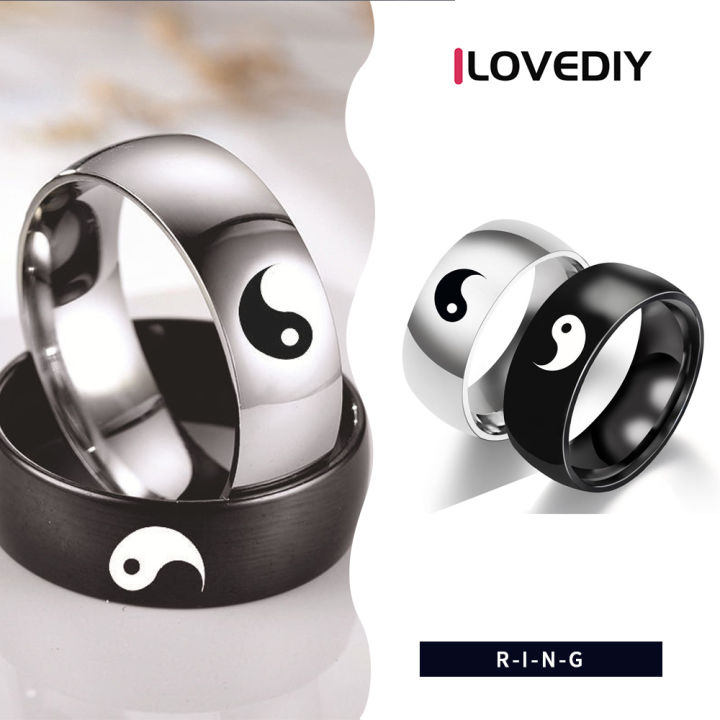 ilovediy-แหวนคู่รักทำจากเหล็กไทเทเนียมสีขาวและดำสำหรับผู้หญิงและผู้ชายแหวนเครื่องประดับเหล็กชุบสแตนเลส