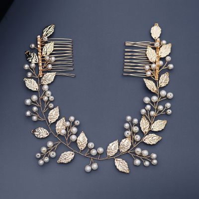 【YF】 Pearl Bridal Wedding Hair Accessories Leaf Comb for Women Gold Color Pins Bride Headpiece Jewelry Gifts