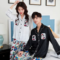 Factory Outlet New Cartoon Print Lapel Ice And Snow Silk Pajamas Comfortable Korean Version Of Couples Spring Autumn