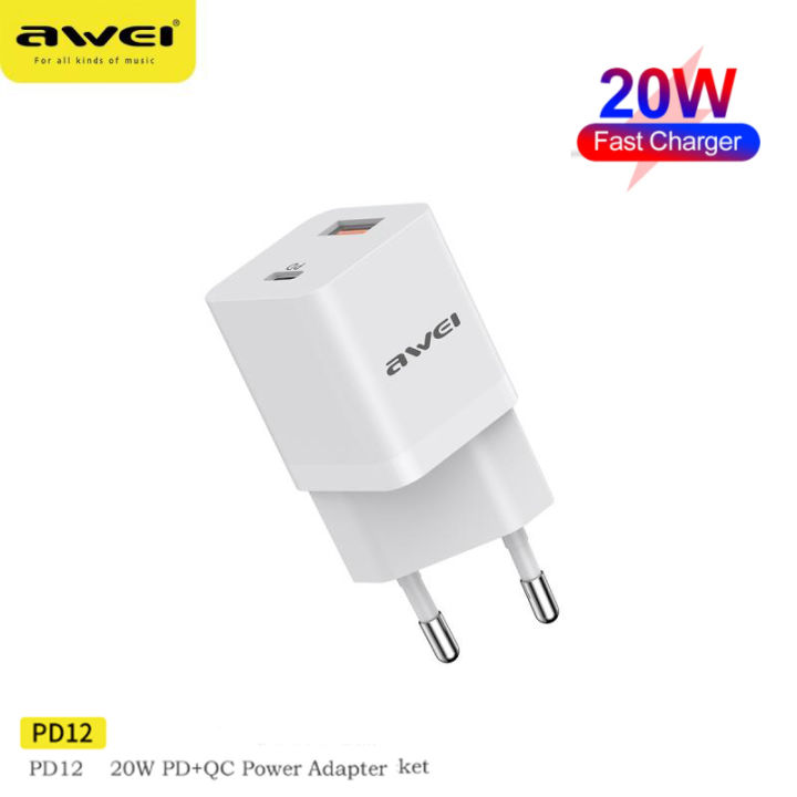 awei-pd12-20วัตต์-usb-c-ค่าใช้จ่ายได้อย่างรวดเร็วประเภท-c-ค่าใช้จ่ายได้อย่างรวดเร็วสำหรับ-iosandroid-ศัพท์มือถือพอร์ตคู่ปลอดภัยชาร์จ