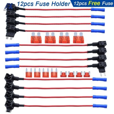 12Pcs/set Fuse Holder Add-a-circuit TAP Adapter Micro Mini Standard ATM APM ATO ATC with 12V 10A Blade Car Fuse Auto Replacement Fuses Accessories