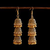 ย้อนยุคอินเดียบอลลีวูด kundan jhumka jhumki สามชั้นวางต่างหูสำหรับผู้หญิง Boho ชาติพันธุ์ยิปซีแฟชั่น wesdding สวมใส่เครื่องประดับ