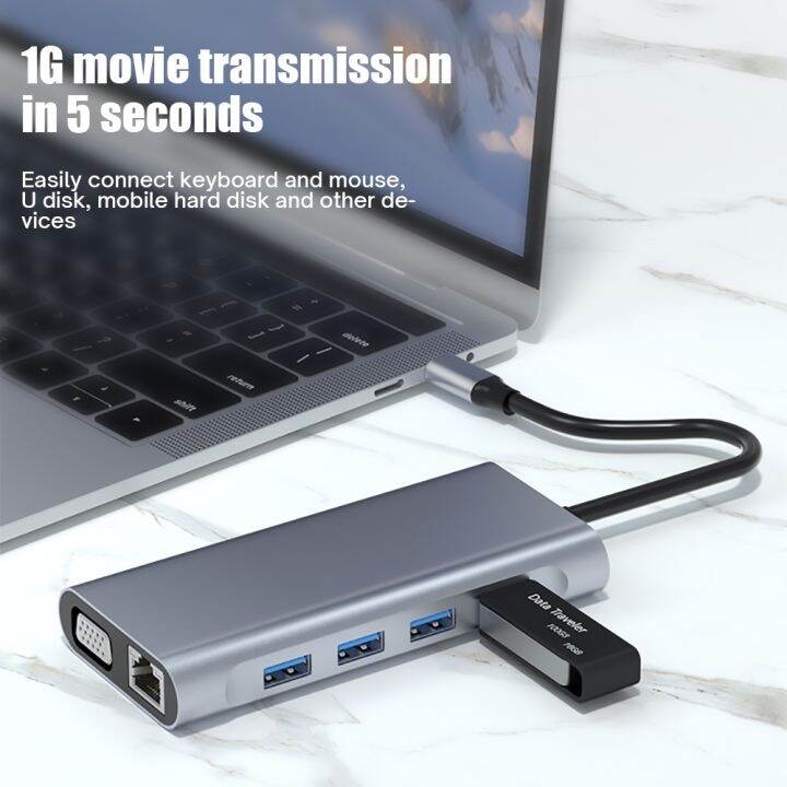 ร้อน-11-in-1-usb-c-hub-type-c-อะแดปเตอร์เพื่อ4พัน-hdmi-เข้ากันได้-vga-rj45-lan-ethernet-sd-tf-aux-11พอร์ตสถานีท่าเรือแล็ปท็อปพีซีแยก