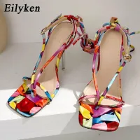 Eilyken 2022 New Summer Woman Sandals Classic Mixed Colour Cross Strap Lace-Up Party Pumps High Heels Ladies Shoes