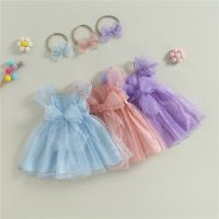 Kids Girls Princess Dress Dot Puff Sleeve Bowknot Flower Girl Dress Layered Mesh Tulle Pageant Party Dress with Headband  by Hs2023