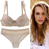 【CC】✐  2022 New 70 75 80 85 95 BCDE Cup Floral   Brief Sets Push Up Bow Female