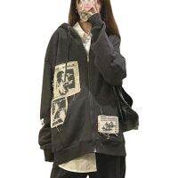 Womens street brown graffiti print zip vintage tops hoodie sweatshirts hoodies kawaii Blouse grunge y2k coats Autumn jackets