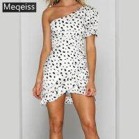 【Ladies shop】 Meqeiss BlackPolka DotOne ไหล่แขนสั้นผู้หญิง RuchedDress ผู้หญิง Vestidos 2020