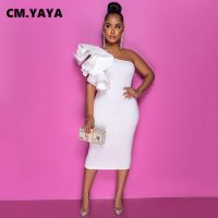 ♣ CM.YAYA Women Evening Dress Solid Ruffles Sleeve One Shoulder Skew Collar Stretchy Knee Length Dresses Party Vesidos Summer 2021