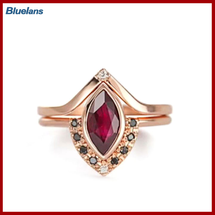 Bluelans®แหวนแต่งงานพลอยเทียมสีแดงสไตล์วินเทจแหวนสวมข้อนิ้วคู่คลาสสิกสำหรับผู้หญิง