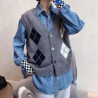 R Diamond Check Knitted Vest 203826 Autumn Sleeveless Sweater Loose Top