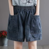 【มีไซส์ใหญ่】Plus Size S-2XL Womens Elastic Waist Summer Denim Shorts Fashion Solid Color Wide Leg Female Shorts with Big Pockets