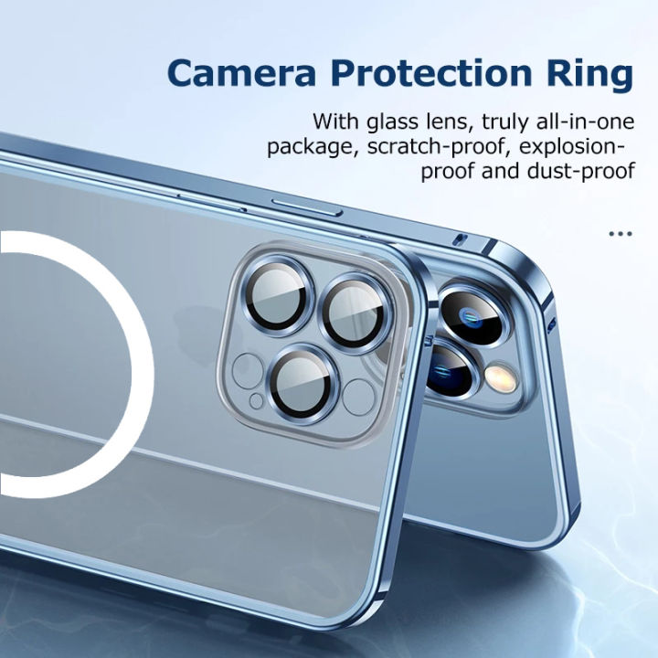 เคสป้องกันฟิล์มกระจกติดเลนส์-hd-กรอบโลหะสุดหรูสำหรับ-iphone-14-pro-max-13-12-pro-frosted-pc-เคสกันกระแทกรองรับชาร์จไร้สาย-magsafe